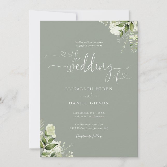 Convites Greenery Floral Hearts Script Sage Green Wedding (Frente)