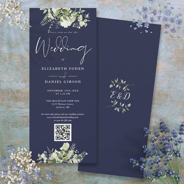 Convites Greenery Floral Marinho Azul Código QR Casamento (Greenery Floral Navy Blue QR Code Wedding Invitation)