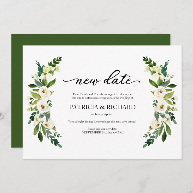 Convites Greenery Floral Nova Data Adiamento de Casamento (Frente/Verso)