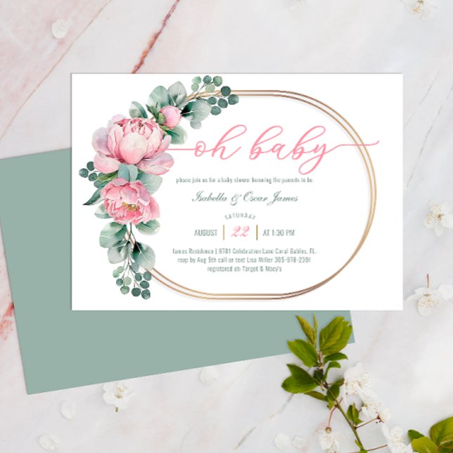 Convites Greenery Floral Oh Bebê Rosa Dourado Chá de fralda (Oh Baby Shower Invite)