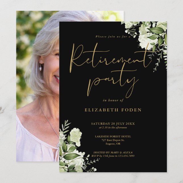 Convites Greenery Floral Photo Script Retirement Party (Frente/Verso)