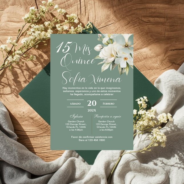 Convites Greenery Floral Quinceañera Spanish Invitation (Criador carregado)