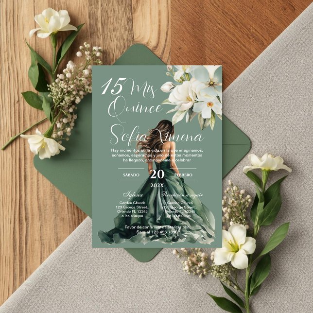 Convites Greenery Floral Quinceañera Spanish Invitation (Criador carregado)