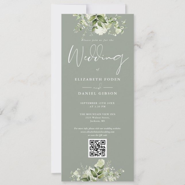 Convites Greenery Floral Sage Green Código QR Casamento (Frente)