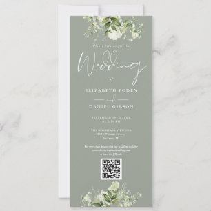 Convites Greenery Floral Sage Green Código QR Casamento