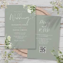 Convites Greenery Floral Sage Green Código QR Casamento