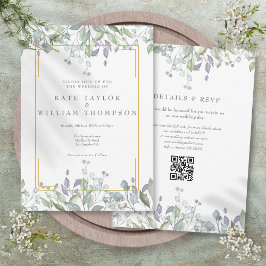 Convites Greenery Floral Sage Lilac Código QR Casamento