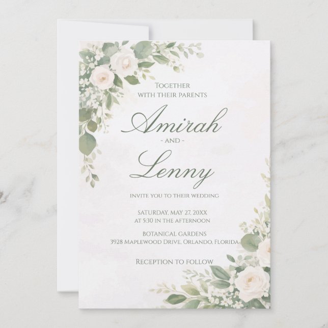 Convites Greenery Floral Wedding Invitation Background (Frente)