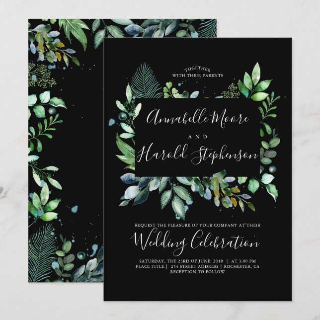 Convites Greenery | Floresta | Casamento Modern Watercolor (Frente/Verso)
