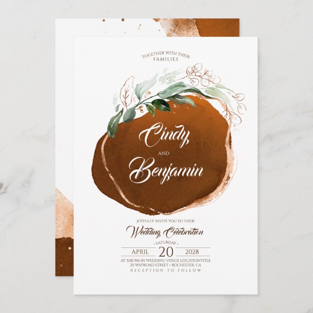 Convites Greenery Foliage e Copper Foil Modern Weds (Frente/Verso)