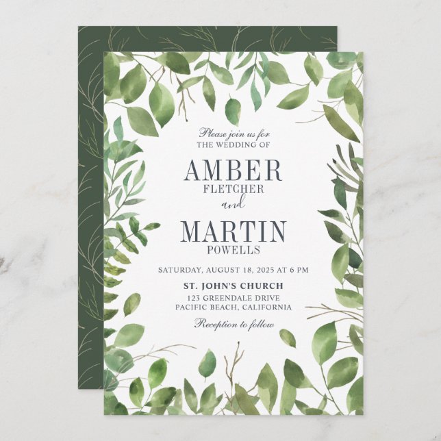 Convites Greenery Foliage Leafy Wedding (Frente/Verso)