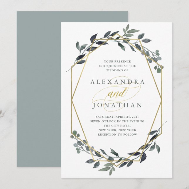 Convites Greenery Geo| Casamento Dourado (Frente/Verso)