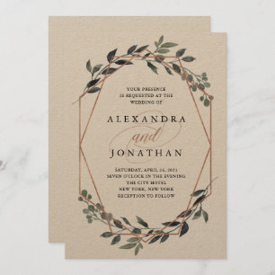 Convites Greenery Geo Kraft Casamento Dourado Rosa