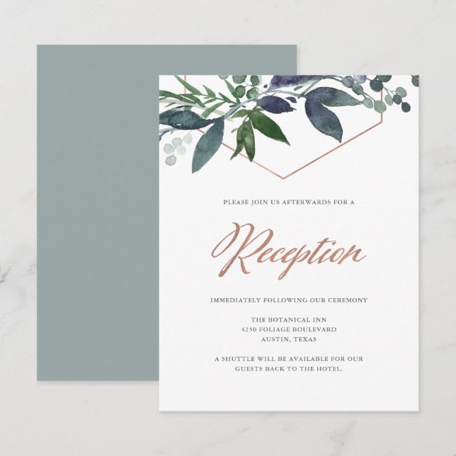 Convites Greenery Geo | Recepção de Casamento em Rose Gold (Frente/Verso)