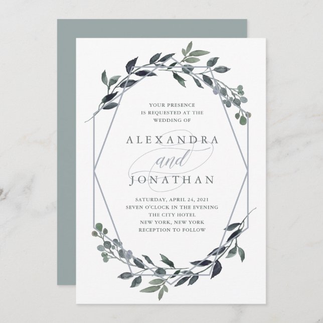 Convites Greenery Geo | Silver Wedding (Frente/Verso)