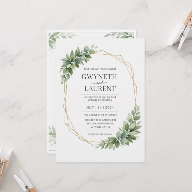 Convites Greenery Gold Geometric Rustic Wedding Invitation (Frente/Verso In Situ)