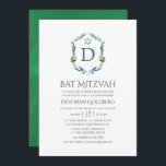 Convites Greenery Laurel Crest Bat Mitzvah<br><div class="desc">Leafy Crest monogramou bat mitzvah convite personalizável com sua inicial.</div>