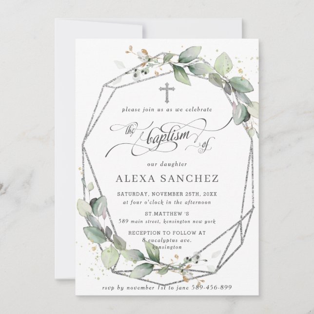 Convites Greenery Leafy Foliage Baptism Silver Geométrico (Frente)