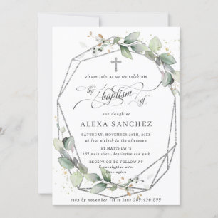 Convites Greenery Leafy Foliage Baptism Silver Geométrico