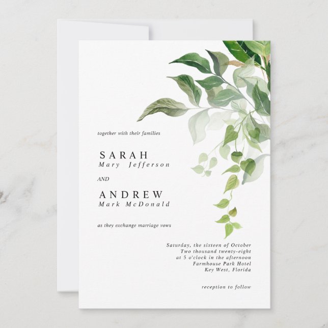 Convites Greenery Leaves Modern Minimal Wedding (Frente)