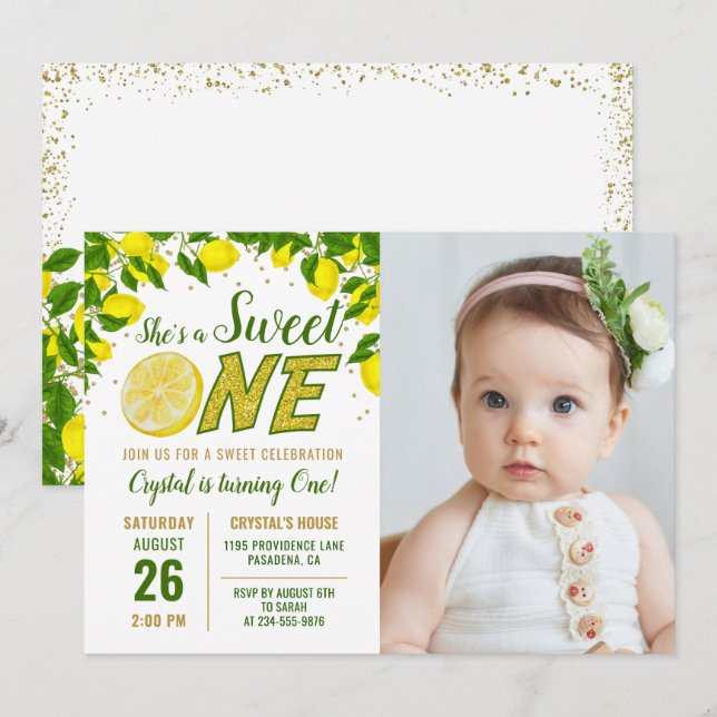Convites Greenery Lemon Sweet One First Birthday Foto Invi (Frente/Verso)