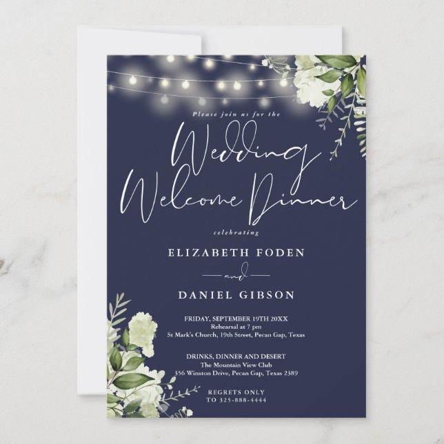 Convites Greenery Lights Navy Blue Wedding Welcome Dinner (Frente)