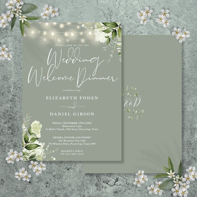 Convites Greenery Lights Sage Green Wedding Welcome Dinner (Greenery Lights Sage Green Wedding Welcome Dinner Invitation)