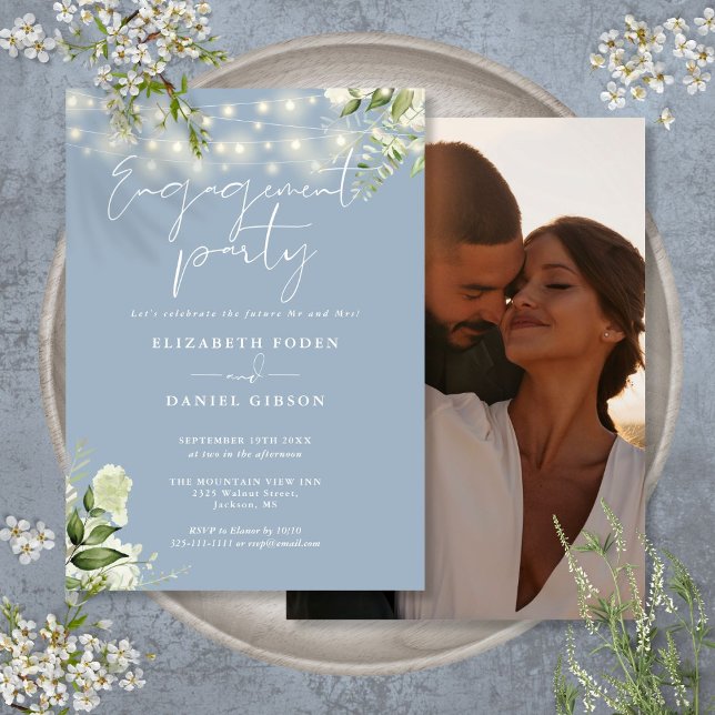 Convites Greenery Luz Azul Festa de noivado de Foto (Greenery Lights Dusty Blue Photo Engagement Party Invitation)