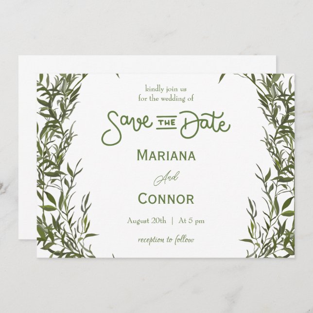 Convites Greenery Minimal Save The Date Invitation (Frente/Verso)