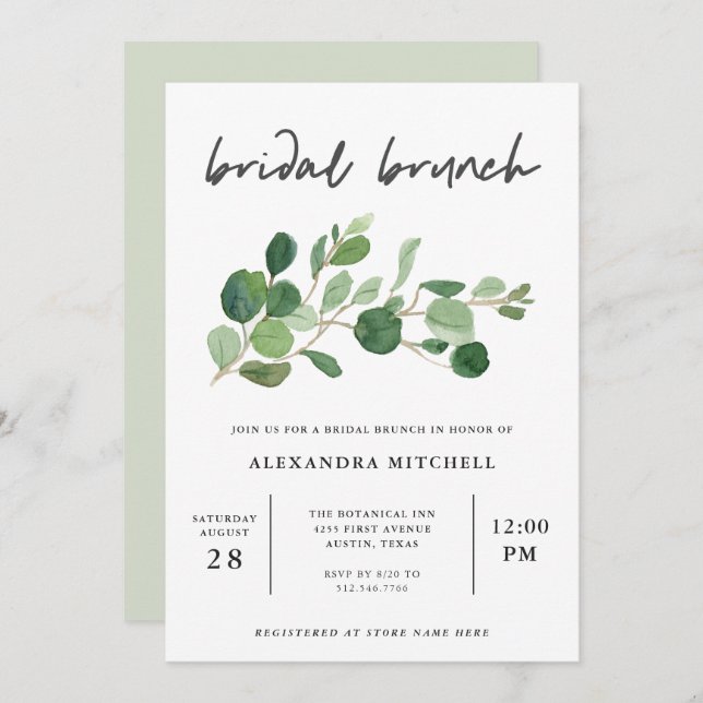 Convites Greenery minimalista | Bridal Brunch (Frente/Verso)