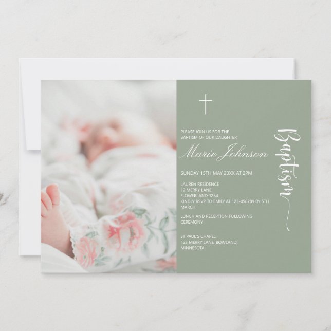 Convites Greenery modern Photo Baptism invitation (Frente)
