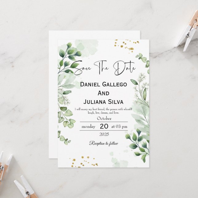 Convites Greenery Modern Save The Date Invitation (Frente/Verso In Situ)