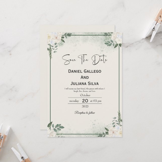 Convites Greenery Modern Save The Date Invitation (Frente/Verso In Situ)