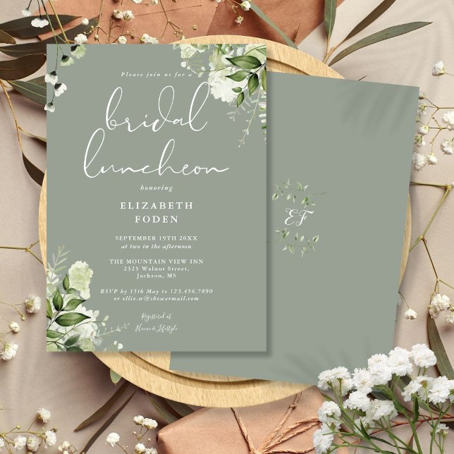 Convites Greenery Monograma Sage Green Bridal Luncheon (Greenery Monogram Sage Green Bridal Luncheon Invitation)