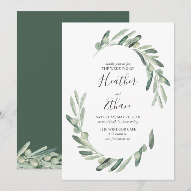 Convites Greenery Olive Modern Font Casamento Manuscrito (Frente/Verso)