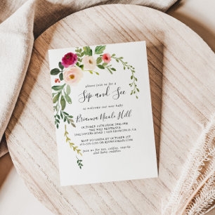 Convites Greenery Pink Blush Floral Sip and See