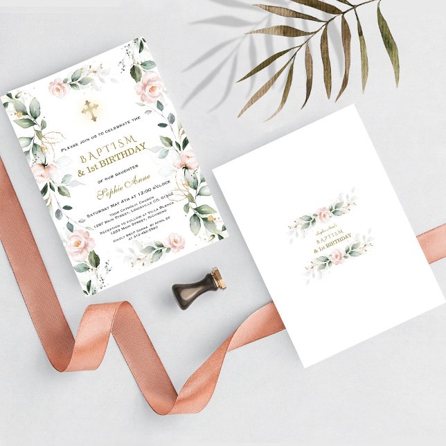 Convites Greenery Pink Flowers Festa de primeiro aniversari (floral greenery baptism 1st birthday, trendy, elegant, modern baptism first birthday invitation)