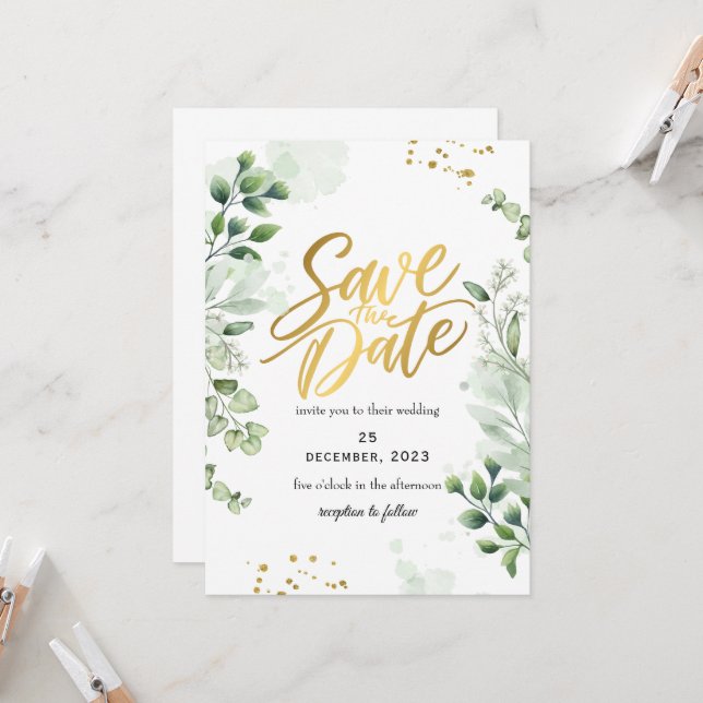 Convites Greenery Romantic Save The Date Invitation (Frente/Verso In Situ)