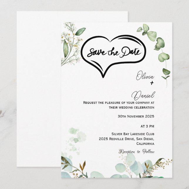 Convites Greenery Rustic Save The Date Invitation (Frente/Verso)