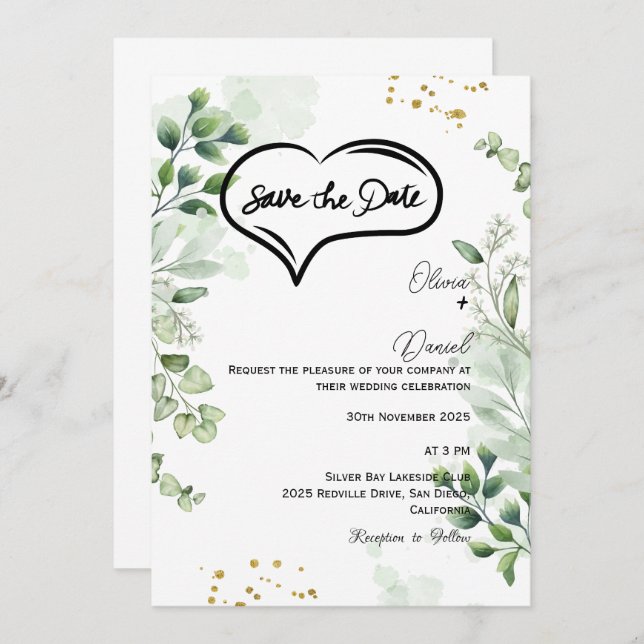 Convites Greenery Rustic Save The Date Invitation (Frente/Verso)