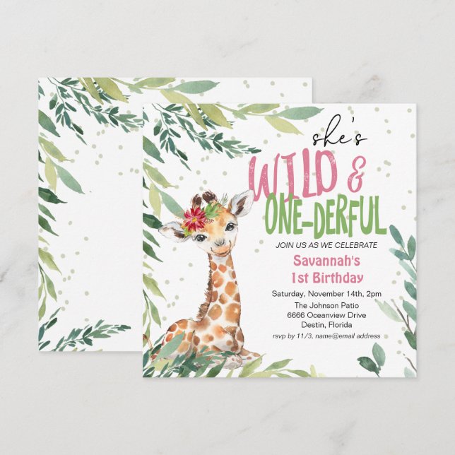 Convites Greenery Safari Giraffe Wild One primeiro aniversa (Frente/Verso)