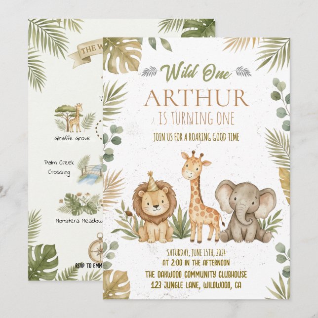 Convites Greenery Safari Wild One 1st Birthday Party (Frente/Verso)
