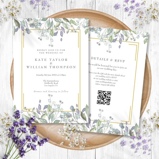 Convites Greenery Sage Lilac Floral Código QR Casamento (Greenery Sage Lilac Floral QR Code Wedding Invitation)
