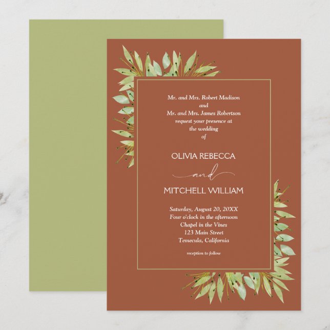 Convites Greenery sobre Terracotta Wedding (Frente/Verso)