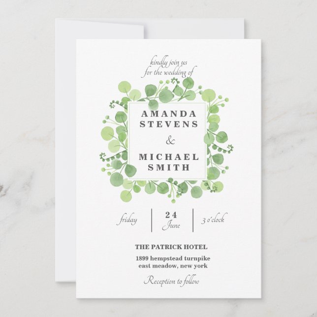 Convites Greenery Sqare Folhas Wreath Watercolor Casamento (Frente)