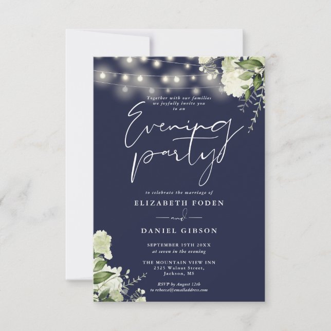 Convites Greenery String Lights Navy Wedding Evening Party (Frente)