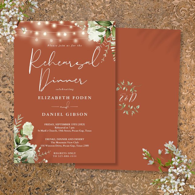 Convites Greenery String Luz Janto de ensaio Terracotta (Greenery String Lights Terracotta Rehearsal Dinner Invitation)