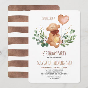 Convites Greenery Teddy Bear Barly Espera Aniversário Beb