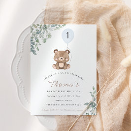 Convites Greenery Teddy Bear Primeiro Aniversário Neutro
