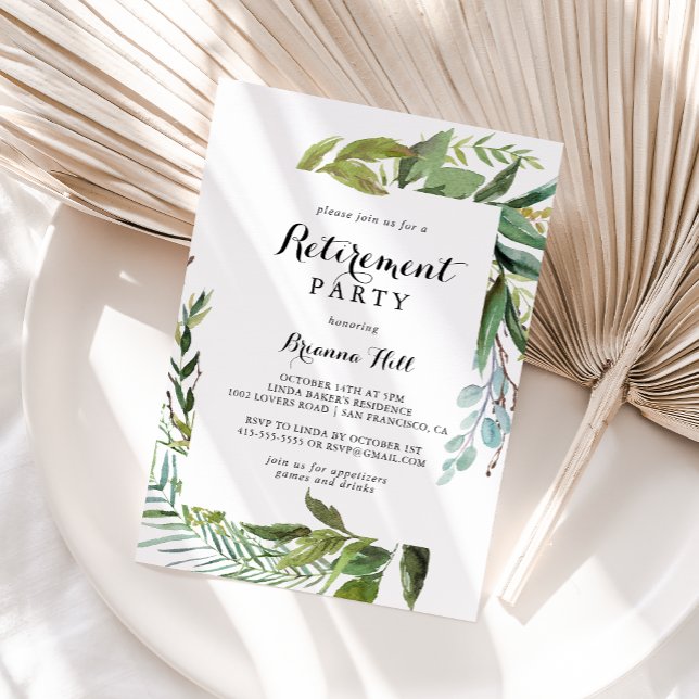 Convites Greenery Tropical Calliografia Retirement Party (Criador carregado)